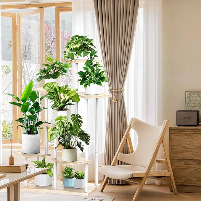 YOCOMEY 7 Tier Wood Tall Plant Stand Metal Rack Indoor, Multiple Flower Pot Holder Shelves Corner Rack, Planter Shelf Display Rack Storage Organizer for Patio Living Room Balcony Garden(White Oak)