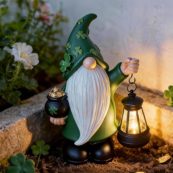 St Patrick's Day Gnome Decorations Outdoor, Solar Leprechaun Decor with Pot of Gold, Resin Figurine with Shamrocks & Solar Light for Garden Patio, Holiday Gift for Luck and Fortune