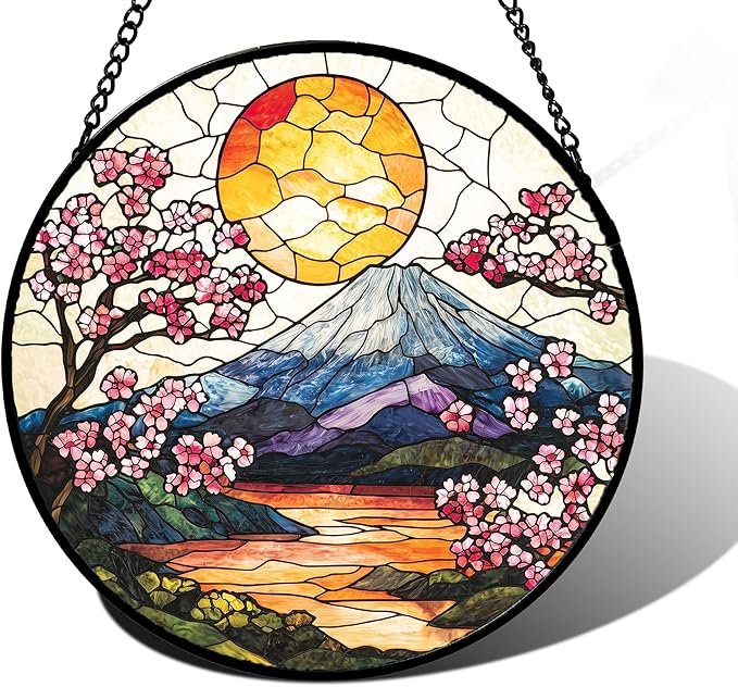 DASTOLL Stained Glass Window Hanging, Sun Blooming Cherry Blossoms Suncatcher Diamond Glass Panel Sun Catchers Decor for Birthday for Women, Men, Wife, Aunt, and Mom 9.8 in
