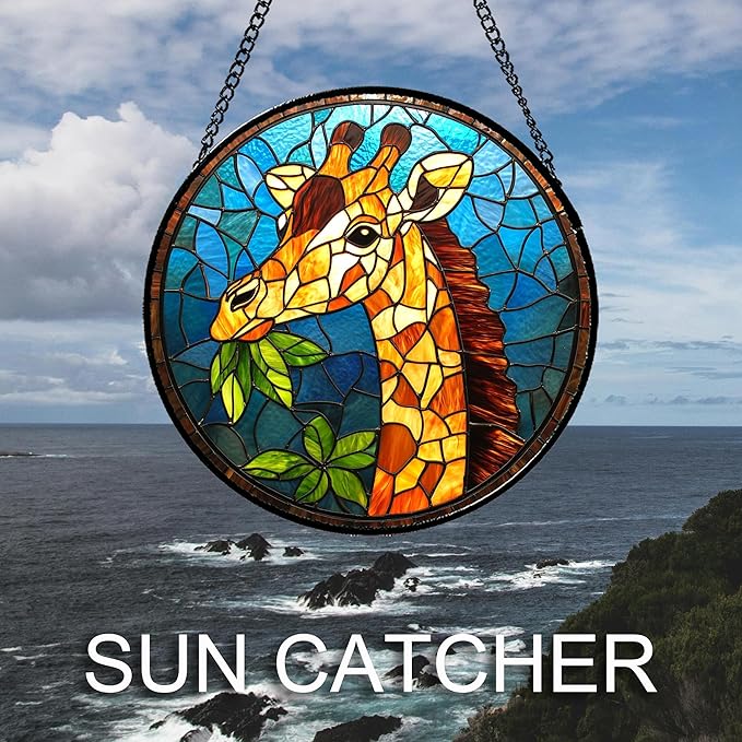 Stained Glass Window Hanging Orange Giraffe Blue Green Leaves 9.8" - Suncatcher Door Garden Sunroom Sun Catcher Home Decor Birthday Christmas for Mom Men Woman Nana