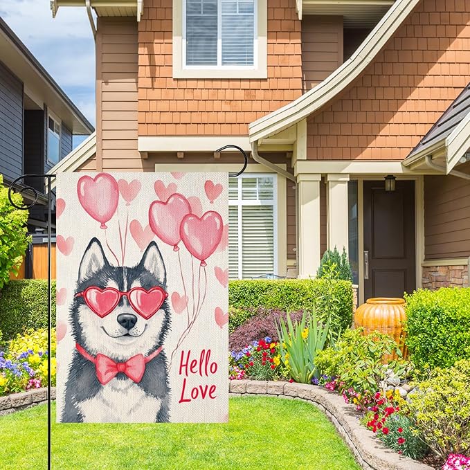 Valentine's Day Husky Hello Love Garden Flag, House Yard Plaid Love Heart Outside Decoration, Spring Holiday Wedding Anniversary Outdoor Small Decor 12x18(12630)