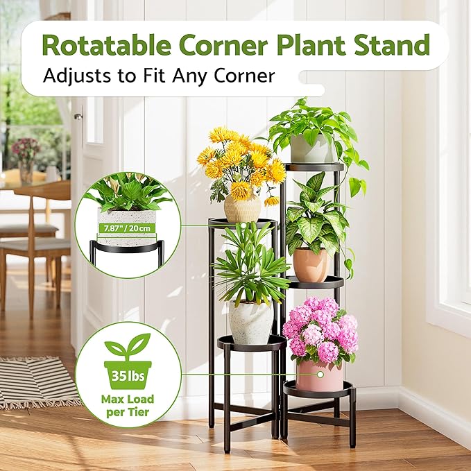 NQW Tall Plant Stand Indoor Outdoor, Corner Metal Flower Pot Stands for Multiple Plants, 5 Tier Heavy Duty Plant Shelf for Patio Garden Balcony Living Room Bedroom - BlackDisk
