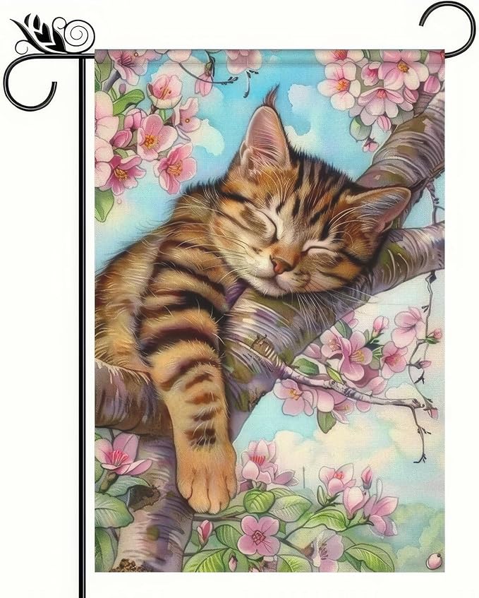 Spring Garden Flag 12x18 Double-Sided Spring Outdoor Decor Cat in Blooming Cherry Blossoms Springs Flag For Outside for Outdoor DecorationYard and Porch