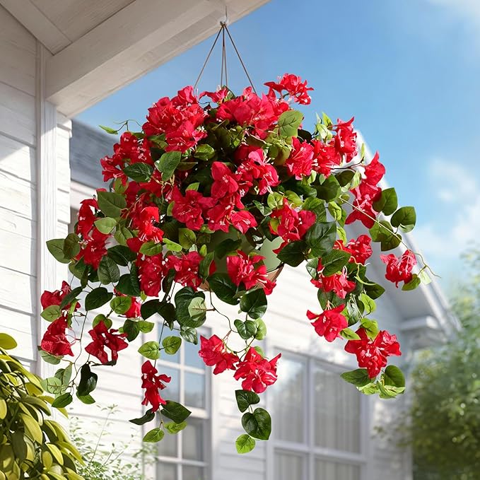Bougainvillea Artificial Hanging Flowers for Outdoor 3 Pcs Faux Bougainvillea Flowers Fake Hanging Plants Silk Flowers Long Trailing Vines for Front Door Porch Planter Patio Balcony (Red)