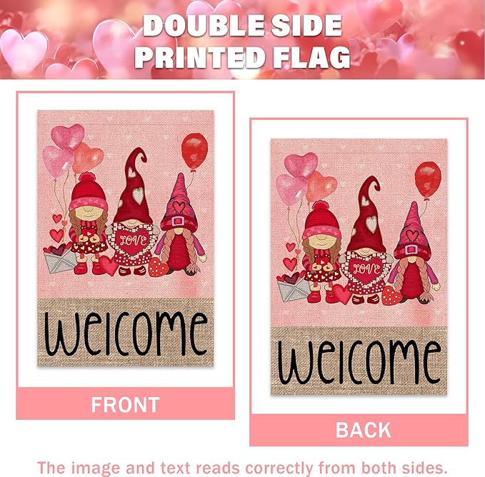 Welcome Valentines Day Gnomes Garden Flag 12x18 Inch Double Sided Outside Red Balloon for Outdoor Farmhouse Anniversary Holiday Yard Valentine Decoration FF-225