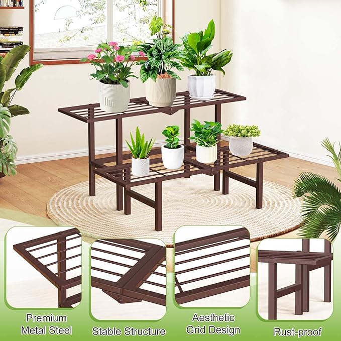 jsyonii 2 Tier Plant Stand Indoor Outdoor, Foldable Metal Ladder Plant Stands,Heavy Duty Tall Plant Shelf Flower Pot Holder Display Shelving for Garden Living Room Patio,Brown