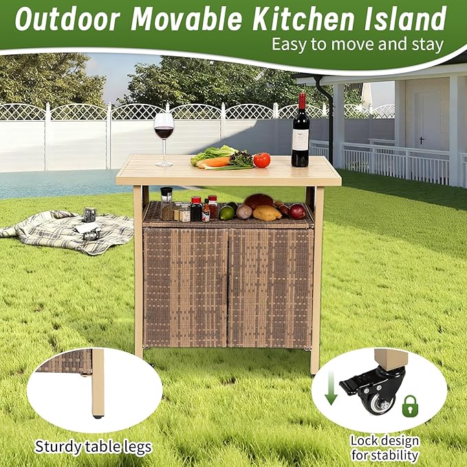 Outdoor Wicker Bar Cart, 35.43" Patio Wine Serving Cart with Plastic Wood Top, Rolling Rattan Beverage Bar Table with Wheels & Storage for Garden, Backyard & Poolside, Beige