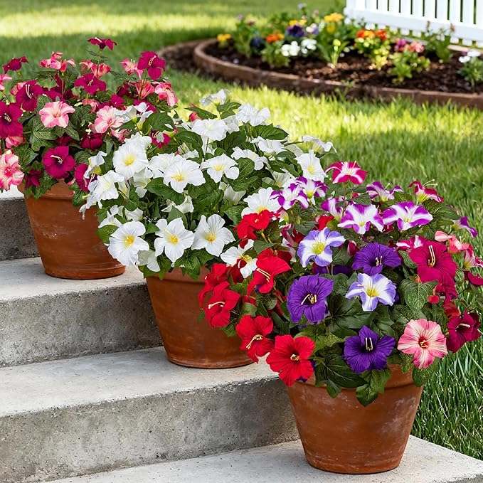 Brlita 19 Inch Artificial Flowers for Outdoor Indoor Garden Home Decoration,Faux Flower for Home Office Garden Patio Balcony 4 Bundles (Multiple Color)