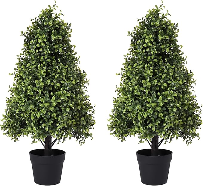 Azoco 30" Artificial Boxwood Topiary Trees Outdoor Set of 2 - UV Resistant Faux Plants for Front Porch Outside Planter, Realistic Fake Cone-Shaped Bushes & Shrubs 2.5ft