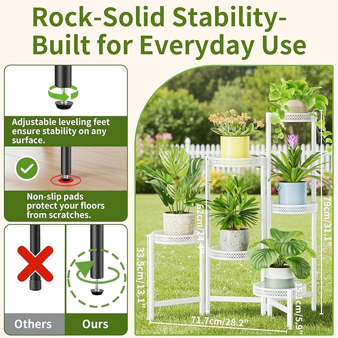 NQW 6 Tier Metal Plant Stand, 6 Potted Multiple Flower Pot Holder Shelf, Indoor&Outdoor Folding Planter Display Shelves for Patio Garden, Living Room, Corner Balcony, Bedroom - WhiteWave