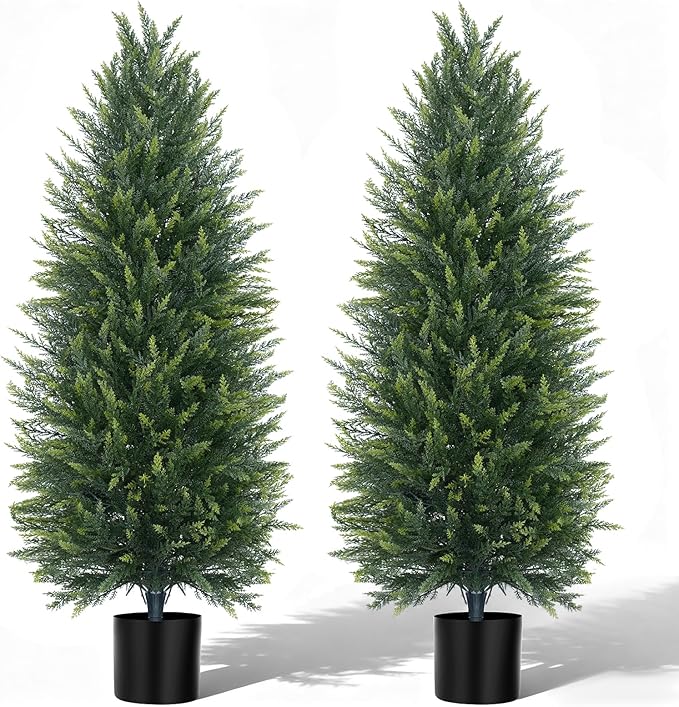EverNature 4FT Artificial Topiary Cedar Trees, 2Pack Realistic Faux Cypress Plants with Pot, Fake Bushes Pine Tree for Outdoor Front Porch Garden Indoor Christmas Home Decor