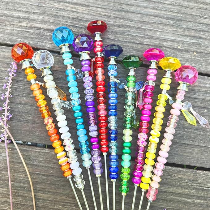 Exway 247 PCS DIY Fairy Wand Beaded Garden Stake Kits with Assortment Large Hole Beads 10 Crystal Stopper Top Threaded Rods and Sparkling Crystal Pendants for Outdoor Indoor Decor