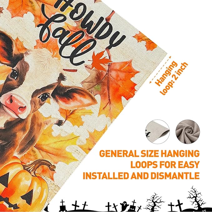 Halloween Howdy Fall Cute Cow Burlap Garden Flag,12x18 Inch Double Sided Pumpkins Maple Leaf Outside Small Yard Outdoor Flags, Holiday Autumn Thanksgiving Seasonal Porch Decoration