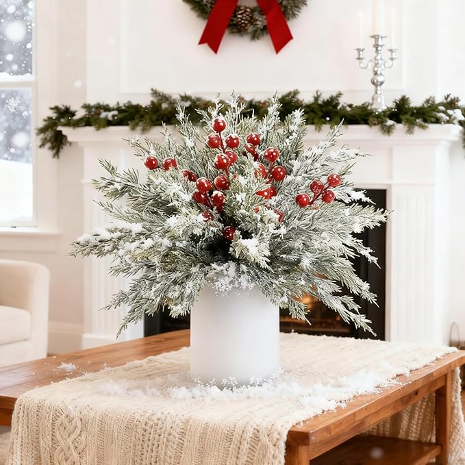 50 Pcs Christmas Artificial Pine Branches with Red Berry Stems - 10.5" Faux Greenery Norfolk Pine Fake Cedar Pine Needles Picks for Wreaths Craft DIY Garlands Home Decor