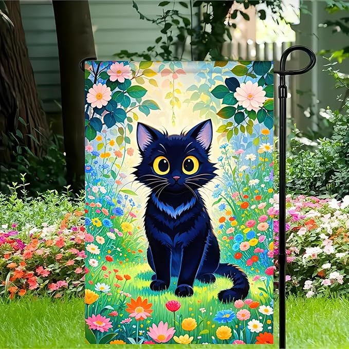 Spring Garden Flags 12x18 Double Sided Spring Garden Flags For Outside Decor Black Cat with Colorful Flowers Backdrop Seasonal Outdoor Decoration Springs Banner For Home