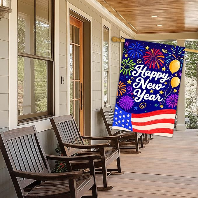 Happy New Year House Flag 28x40 Inch American Flag Fireworks and Balloons Design Garden Flag Patriotic Holiday Outdoor Yard Decoration Celebration Banner for Home Porch Lawn