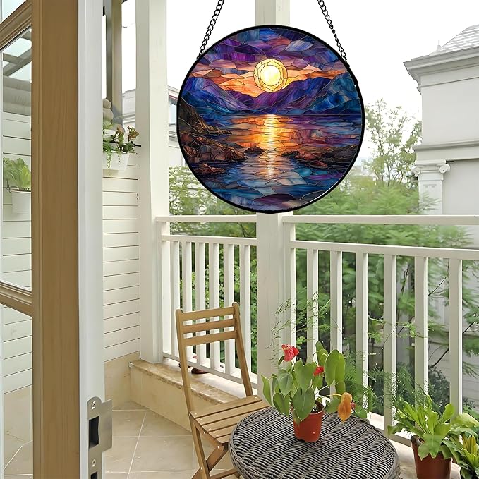 Stained Glass Window Hanging - Blue Purple Lake View Suncatcher for Door Terrace Garden Home Decor Sunset Landscape Sun Catcher Birthday Gifts for Lovers Women Men Dad Mom Nana 9.8 in