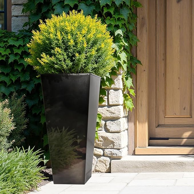 Worth 2 Pack 28" Tall Large Metal Planter, Tapered Steel Flower Pots with Insert Plate with Drain Holes & Air Vents for Indoor or Outdoor Use, Black