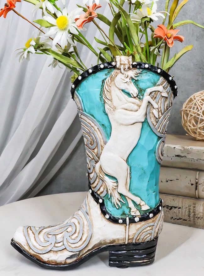 Ebros Gift Rustic Western Colorful Faux Tooled Leather Aqua Blue and White Prancing Horse Cowboy Cowgirl Boot Decorative Figurine Or Floral Vase Planter Table Shelf Countertop Accent