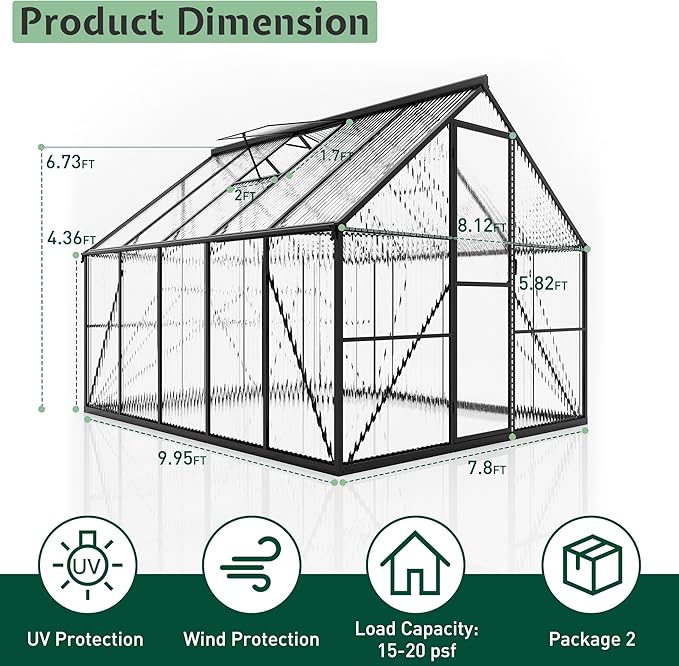 Jocisland 8x10Ft Polycarbonate Greenhouse, Heavy Duty Aluminum Frame with 2 Windows & Swing Doors, Outdoor Garden Greenhouses for Backyard, Black