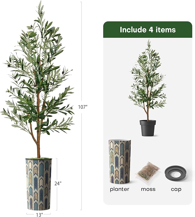 Artificial Tree in Modern Polygon Pattern Effect Planter, Fake Olive Silk Tree for Indoor and Outdoor Home Decoration - 68" Overall Tall (Plant Pot Plus Tree)