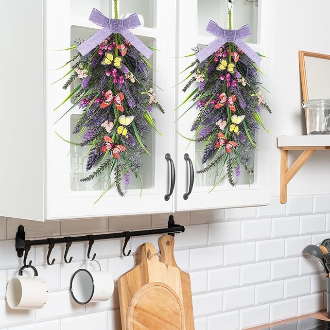 4 Pcs 22" Artificial Lavender Teardrop Swag Wreaths for Front Door Spring Summer Butterfly Berries Wreath Purple Floral Hanging Wreath for Farmhouse Home Porch Wall Window Festival Wedding Decor