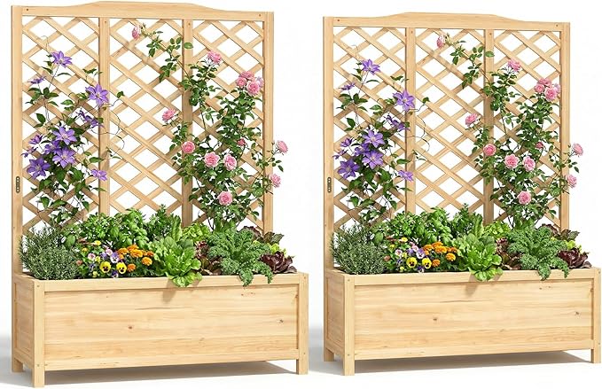 Wooden Raised Garden Bed with Trellis, Freestanding Planter Box with Drainage for Vines Climbing Plants Flowers Herbs, Elevated Gardening Planter for Backyard Balcony Patio