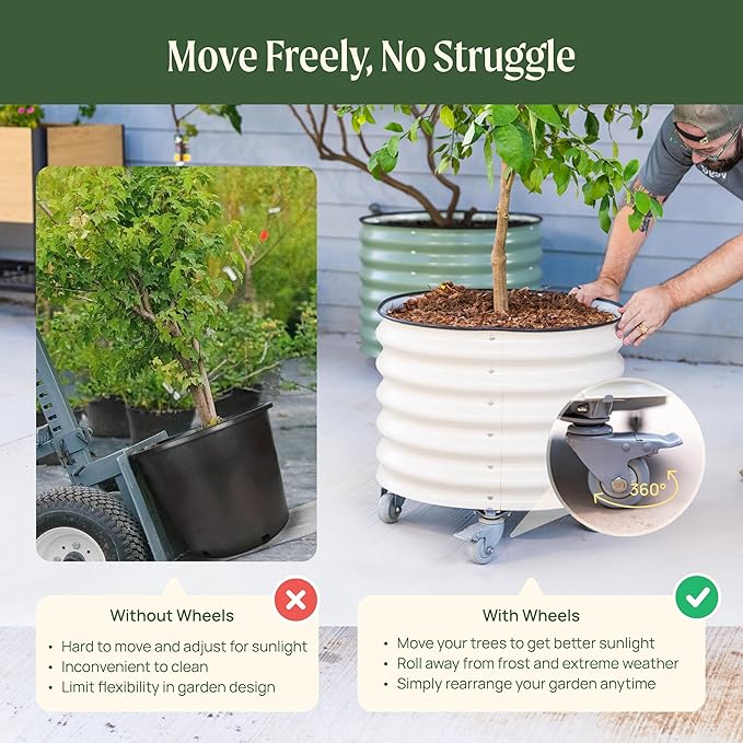 Rolling Metal Citrus Tree Planter Pot, 27″ Round Planter Box for Porch Patio & Backyard, 45 Gallon Large Planter Pot with Wheels for Growing Trees Tomatoes Vegetables and Flowers, Pearl White