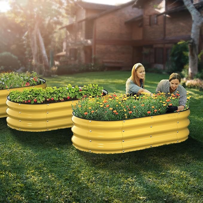 Raised Garden Bed Kit, 4x2x1 ft Galvanized Planter Box Outdoor with Safety Edging, Large Metal Raised Beds for Gardening Vegetables Flower Herb (Cream Yellow)