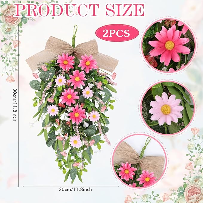 2 PCS Spring Pink Flower Teardrop Swags Silk Artificial Floral Swag Wreath for Front Door Wildflower Daisy Hanging Swags with Lavender Green Leaves for Wedding Farmhouse Home Outdoor Window Wall Decor