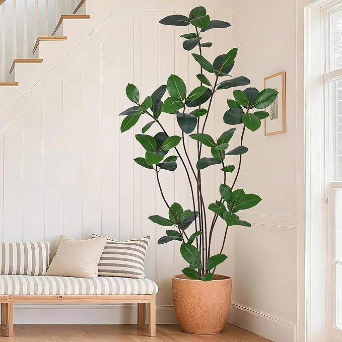 7FT Artificial Green Rubber Tree - 84" Faux Trees Indoor with 68 Lifelike Vivid Leaves and 10Heads, Tall Fake Potted Plant for Home Office Living Room Decor Housewarming Gift