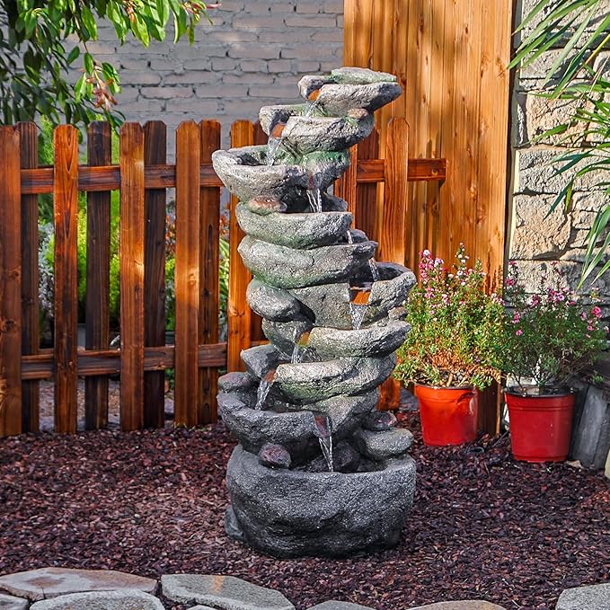 YZM 10-Tier Cascading Rock Water Fountain Outdoor Garden Waterfall Fountains Patio Backyard Deck Porch Pond Art Decor for Outside 39.76" H Outdoor Feature with LED Lights