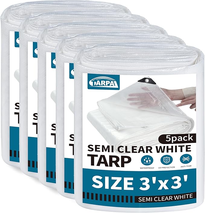 TARPAL 3'x3'（5pack） Semi Clear White Tarp Waterproof Green House Cover with Grommets 7.5mil Clear Poly tarps for Gardening,Farm, Garden,Chicken Coops，Outdoor