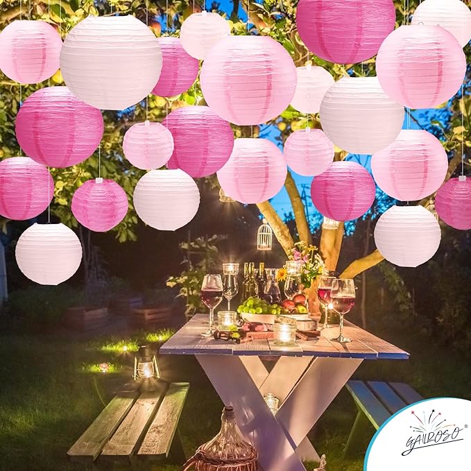 21Pcs Pink Paper Lanterns,4"6"8"10"12" Hanging Round Paper Lanterns Decorations Indoor Outdoor with Tape and String for Graduation Birthday Barbie Party Galentines Day Baby Shower Decorations