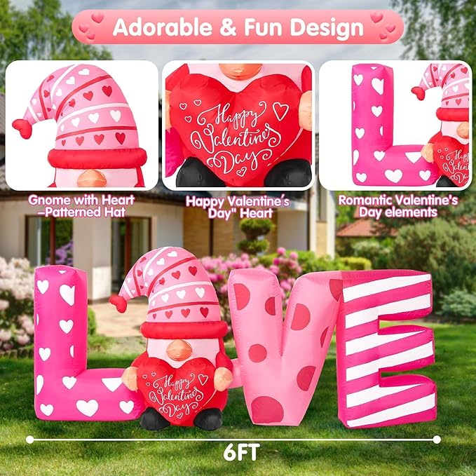 Valentine Inflatable Yard Decoration 6ft Love Gnome Romantic Outdoor Blow Up Décor with LED Lights for Indoor Outside Use Perfect for Valentine’s Day Wedding Holiday and Party