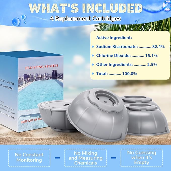 Hot Tub Replacement Cartridge Compatible with Frog Ease Floating System, Mineral Replacement Cartridges for Hot Tubs, Smart Self-Regulating Water Treatment, 4 Pack