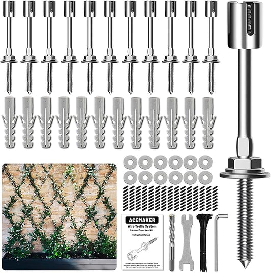 Acemaker Wire Trellis for Climbing Plants Outdoor, 12-Set Wall Trellis Kit for 5/64"(2mm) Wire Ropes, T316 Espalier System for Fence and Garden DIY Projects (Hubs Only, Without Cable)