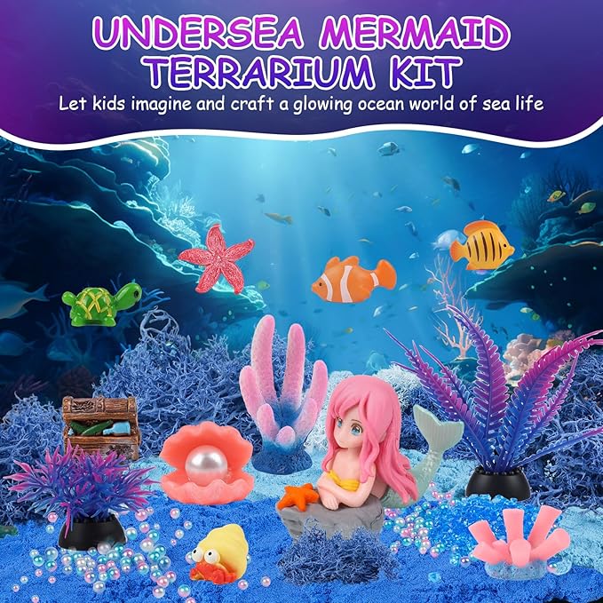 Mermaid Terrarium Kit for Kids - LED Night Light with Remote, DIY Arts and Crafts Birthday Gifts, Mermaid Gifts for Girls Ages 6-12