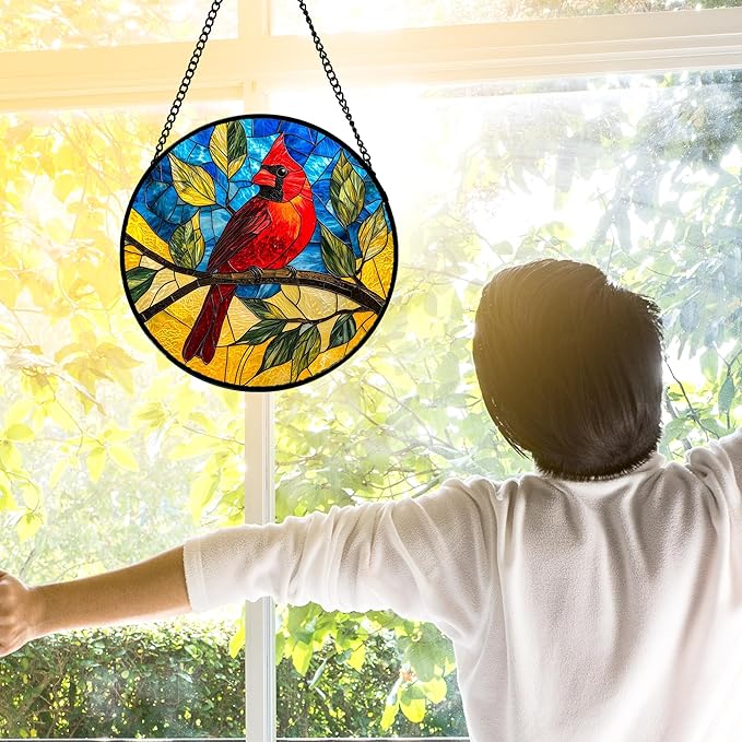 DASTOLL Stained Glass Window Hanging, Blue Sky Cardinal Sun Catchers Colorful Glass Panel Red Birds Suncatcher Decor for Birthday for Women, Men, Wife, Aunt, and Mom 7.8 in