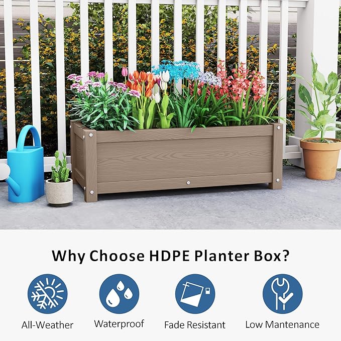 HDPE Raised Planter Box Outdoor,Rot-Resistant and Non-Cracking,Raised Beds for Gardening 29.5 * 14.4 * 9.8 in for Yard,Lawn,Outdoor Planter Boxes Rectangle with Drainage Holes Brown