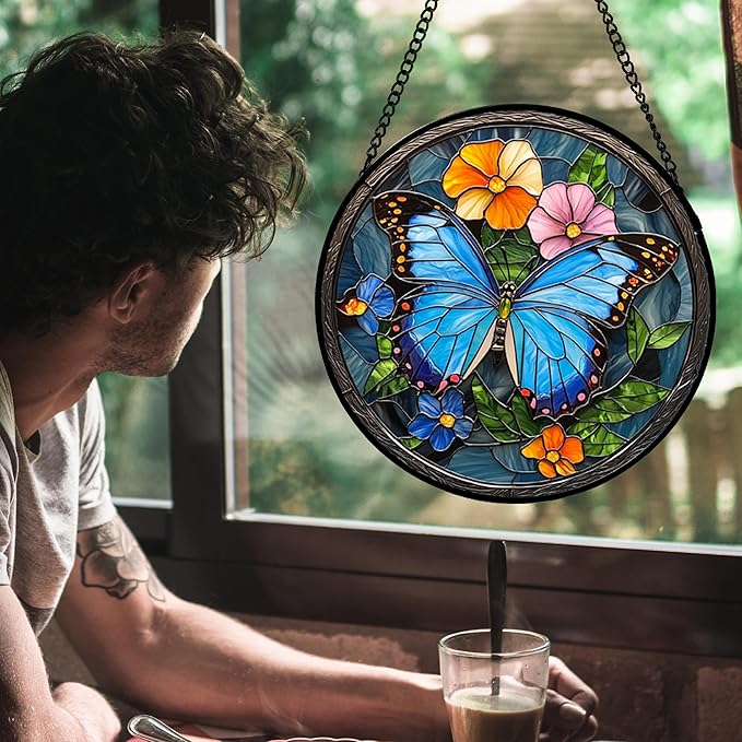 HWRHTR Stained Glass Window Hanging, Blue Butterfly Flower Suncatcher for Doors Home Sun Catchers Decoration and Christmas, Mother's Day Birthday Gifts for Women, Men, and Mom 6.3x6.3 in