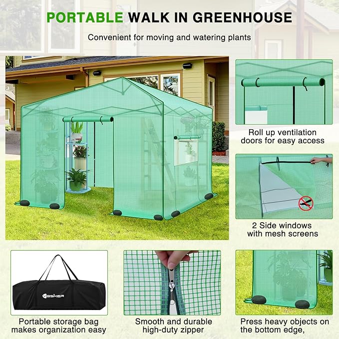 Yesker Greenhouse 10X10 FT Pop Up Greenhouses Tent Walk in Green House with Screen Windows Waterproof PE Cover Portable Large Greenhouse Kit for Outdoor Winter Gardening Backyard Patio Plant Outside
