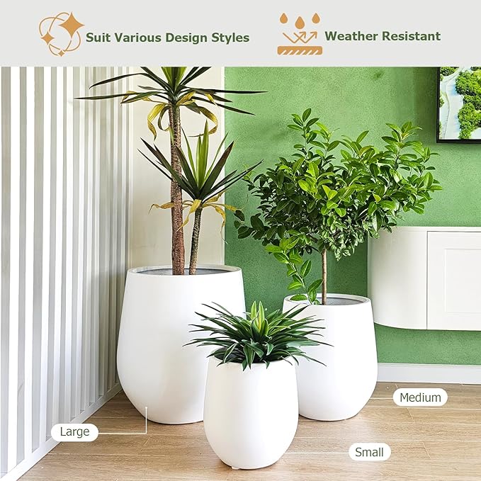 KUTE NEST 16.5" H x 15" D Corso Fiberstone Round Tapered Planter with Drainage Hole, Smooth Finishes, Weather Resistant for Indoor & Outdoor Use, Included 2 Extra Coco Mats (White, 11.5" Pot Opening)