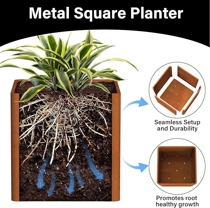BHCORTEN Corten Steel Planter Box 24" L x 24" W x 24" H,Large Metal Square Planter for Outdoor Plants,Metal Cube Flower Pot with Drainage Hole for Porch Hotel Patio Yard