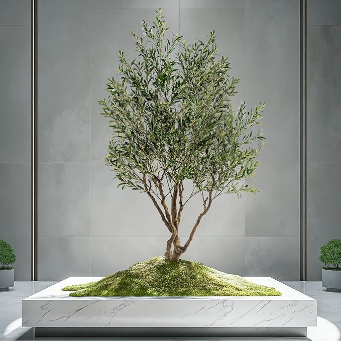Erimda 7.5FT Artificial Olive Tree Tall Faux Silk Plant Tall Faux Olive Tree with Natural Wood Trunk & Lifelike Fruits Fake Potted Tree or Home Office Decor