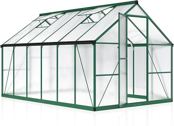 8x12 FT Greenhouse for Outdoors, Quick Setup Polycarbonate Greenhouse for Outside with Roof Vent, Aluminum Large Walk-in Green House for Garden Backyard, Green