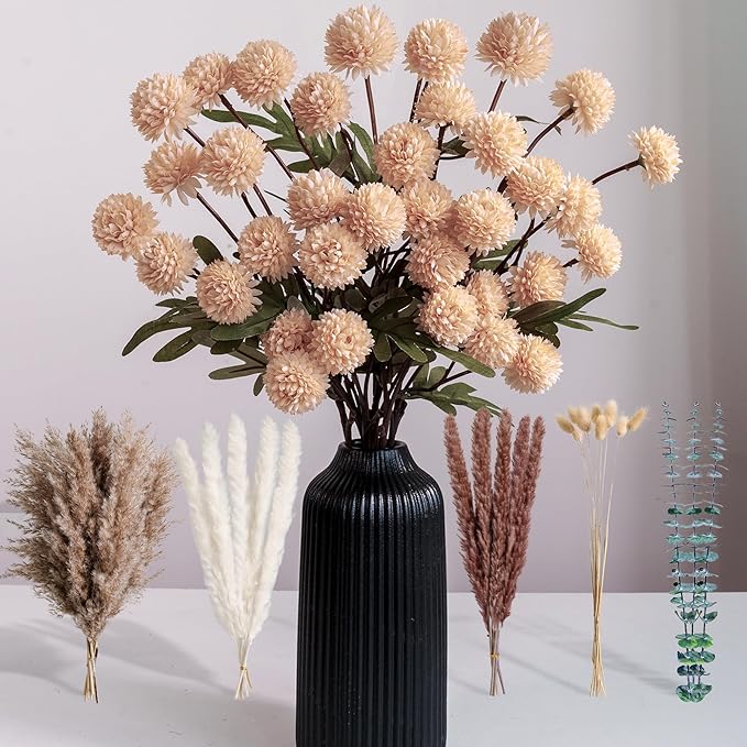 RoseTalk Simulation Flower Decor Luxury Faux Flower Arrangements – Realistic Artificial Flowers with Beige & White Peonies, Dried Pampas Grass, Bunny Tails & Eucalyptus