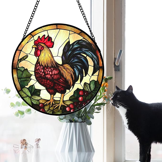 AMDERVEN Stained Glass Window Hanging, Colorful Big Cock Sun Catcher for Window Door Home Decor, Chicken Suncatcher Christmas Mother's Day Birthday Gifts for Women Men Mom and Nana 15 in