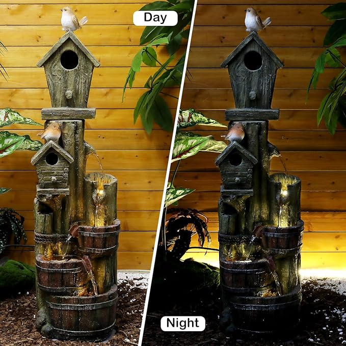 Outdoor Water Fountain with Birdhouse, 39.3inches Rustic Outdoor Water Fountains - Outdoor Cascading Waterfall with Decorative Birds & Buckets, Pump & Lights for Backyard Patio Decor