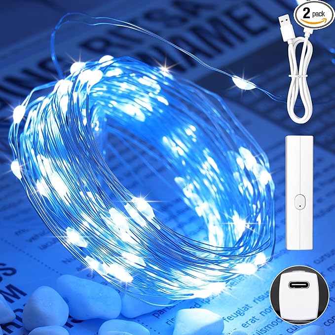 Lakumu 66FT(33 * 2) Fairy Lights Battery Operated, LED String Lights with Timer, Mini Twinkle Lights for Bedroom, Christmas Decorations, Wedding, Vine, Centerpiece Table Decor Blue